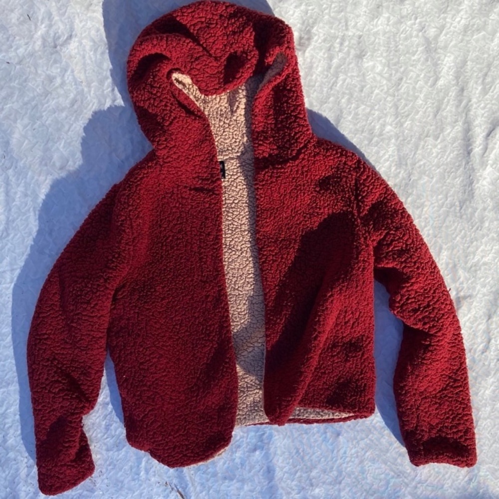 red and pink reversible fuzzy cropped hoodie